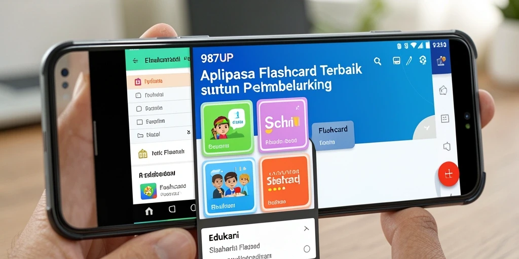 Antarmuka aplikasi Flashcard 987UP yang menarik dan interaktif.